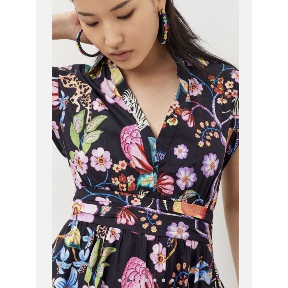 Maeve Anthropologie Flora Fauna Menagerie Print 100% Cotton Mini Dress Sz 0 - Picture 3 of 15